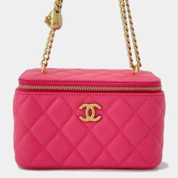 Pre Owned Chanel Matelasse Vanity Chain Shoulder Bag Pink Caviar Leather