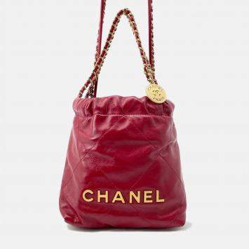 Pre Owned Chanel Chanel22 Red Calf Leather Mini Chain Shoulder Bag 