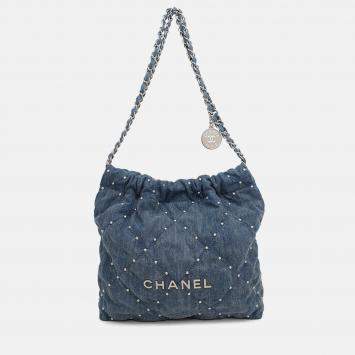 Pre Owned Chanel Chanel 22 Matelasse Chain Shoulder Bag Blue Denim Size Small