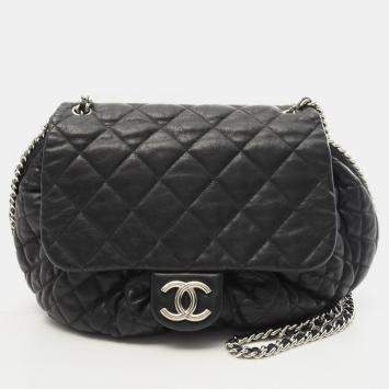 Pre Owned Chanel Luxury Line Black Leather Matelassé Chain Shoulder Bag SHW