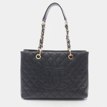 Pre Owned Chanel Matelasse Black Calfskin Grand Shopping Tote Chain Bag GHW 