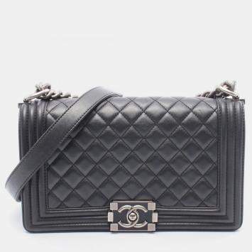 Pre Owned Chanel Boy Chanel Black Lambskin Chain Shoulder Bag SHW 