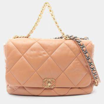 Pre Owned Chanel 19 Dix-Neuf Maxi Brown Lambskin Matelasse Chain Shoulder Bag