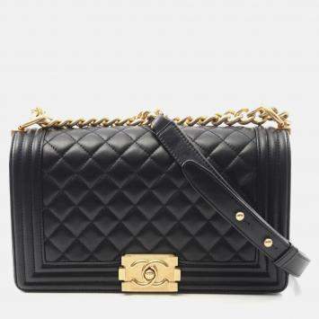 Pre Owned Chanel Boy Chanel Coco CC Black Lambskin Shoulder Bag GHW 