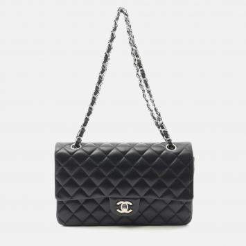 Pre Owned Chanel Matelasse Black Lambskin SHW Double Flap Chain Shoulder Bag