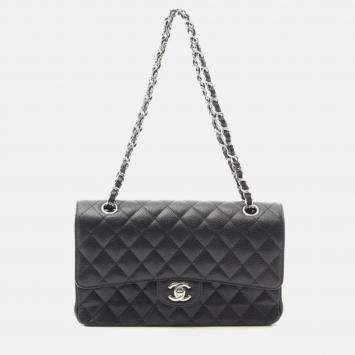 Pre Owned Chanel Matelasse Black Caviar Leather W Flap Bag