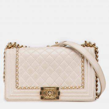 Pre Owned Chanel White Old Medium Quilted Aged Calfskin Jacket Boy Flap