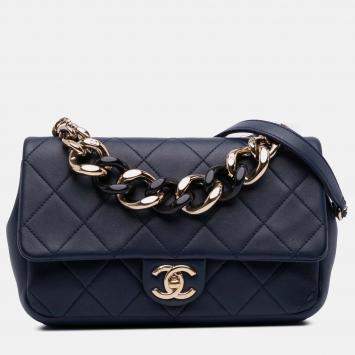 Pre Owned Chanel Blue Small Lambskin Elegant Chain Single Flap