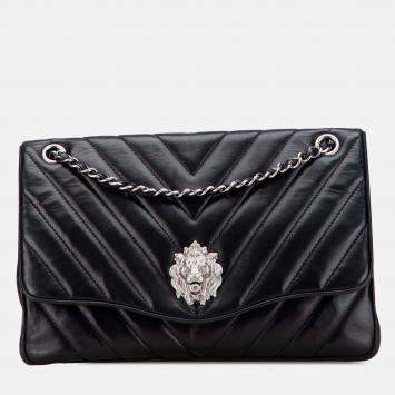 Pre Owned Chanel Black Jumbo Chevron Lambskin Leo Lion Flap