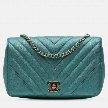 Pre Owned Chanel Blue Small Chevron Caviar Statement Flap