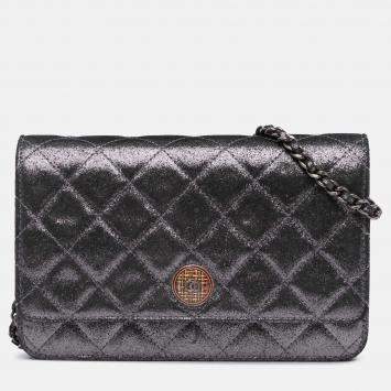 Pre Owned Chanel Silver Quilted Iridescent Lambskin Tartan Button Wallet On Chain
