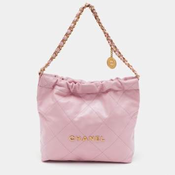 Pre Owned Chanel Light Pink Quilted Shiny Leather Small 22 Bag