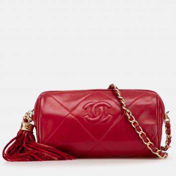 Pre Owned Chanel Red Mini Quilted Lambskin Tassel Barrel Crossbody