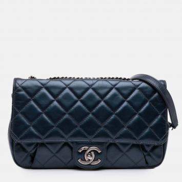 Pre Owned Chanel Blue Medium Quilted Glazed Calfskin Coco Pleats Flap