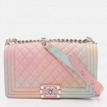 Pre Owned Chanel Pink Old Medium Quilted Caviar Rainbow Boy Flap