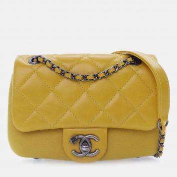 Pre Owned Chanel Yellow Mini Square CC Quilted Lambskin and Suede Single Flap