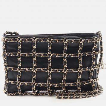 Pre Owned Chanel Black Lambskin Chain Frame Crossbody