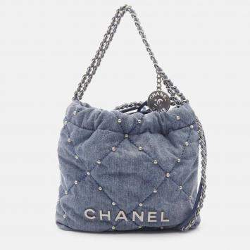 Pre Owned Chanel Blue Mini Denim Studded 22 Handbag