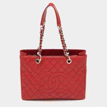 Pre Owned Chanel Red Quilted Caviar Leather GST Shopper Tote