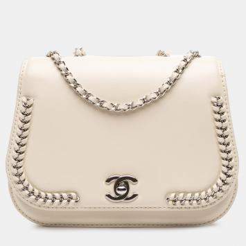 Pre Owned Chanel White Small Calfskin Braided Chic Flap