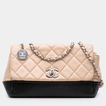 Pre Owned Chanel Beige Black CC Bicolor Quilted Calfskin and Caviar Single Flap