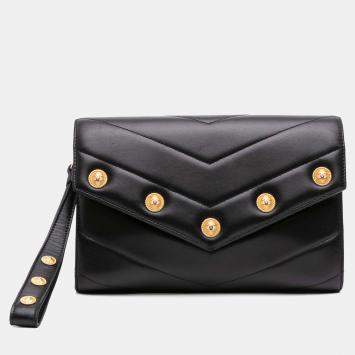 Pre Owned Chanel Black Chevron Lambskin CC Medallion Button Flap Clutch