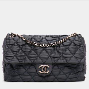 Pre Owned Chanel Black Extra Large CC Quilted Satin Single Flap Bag