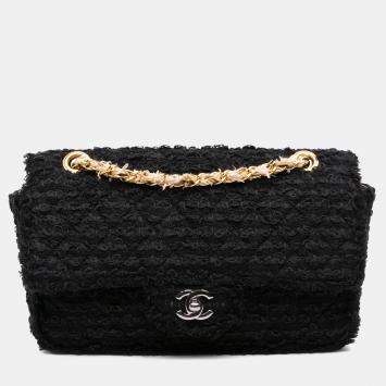 Pre Owned Chanel Black Medium Classic Tweed Single Flap Bag