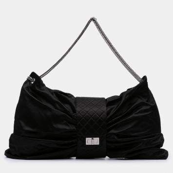 Pre Owned Chanel Black Large Satin Bow Mademoiselle Shoulder Bag