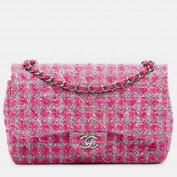 Pre Owned Chanel Pink Jumbo Classic Tweed Double Flap