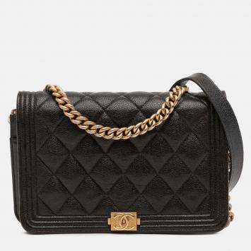 Pre Owned Chanel Black Quilted Caviar Boy Wallet on Chain