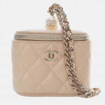 Pre Owned Chanel Beige Brown Mini Quilted Iridescent Caviar Pearl On Top Vanity Case With Chain