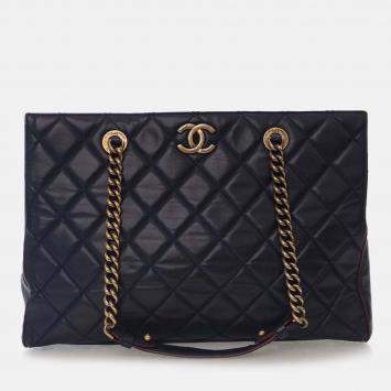 Pre Owned Chanel Navy Blue Quilted Calfskin Perfect Edge Tote