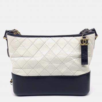 Pre Owned Chanel Black White Leather Gabrielle Hobo Bag Medium