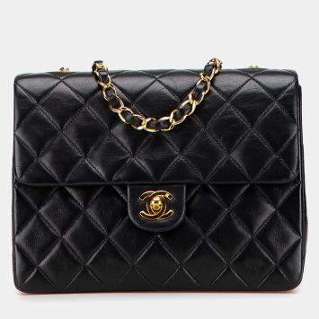 Pre Owned Chanel Black Square Quilted Lambskin Single Flap