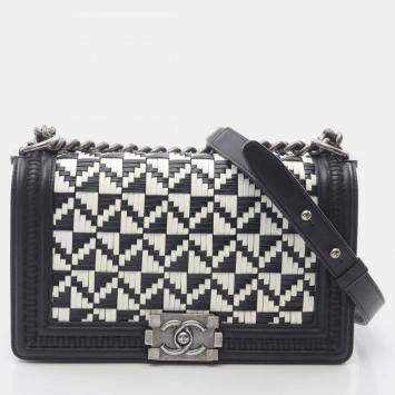 Pre Owned Chanel Boy Black White Lambskin Leather Shoulder Bag