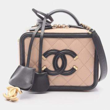 Pre Owned Chanel Filigree Mini Vanity Pink Black Leather Shoulder Bag