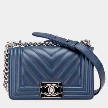 Pre Owned Chanel Boy V-Stitch Blue Lambskin Leather Shoulder Bag