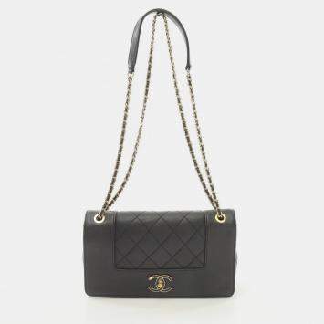 Pre Owned Chanel Mademoiselle Matelasse Black Leather Shoulder Bag