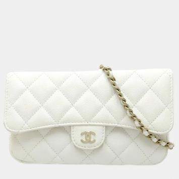 Pre Owned Chanel Flap Phone Case White Caviar Leather Wallet On Chain 