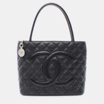 Pre Owned Chanel Medallion Black Caviar Grained Calf Leather Tote Bag