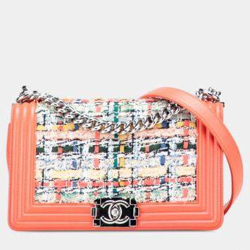 Pre Owned Chanel Boy Orange Multicolored Tweed Leather Shoulder Bag