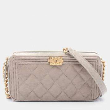 Pre Owned Chanel Boy Beige Grained Calfskin Leather Shoulder Bag
