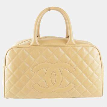 Pre Owned Chanel Coco Mark Beige Caviar Skin Leather Boston Bag