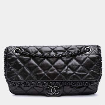 Pre Owned Chanel Grey Medium Quilted Metallic Aged Calfskin Chain Me Flap