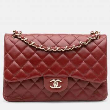 Pre Owned Chanel Red Jumbo Classic Lambskin Double Flap
