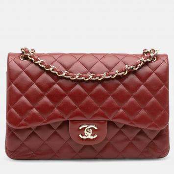 Pre Owned Chanel Red Jumbo Classic Lambskin Double Flap