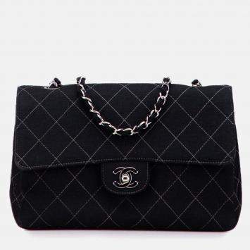 Pre Owned Chanel Black Medium Quilted Jersey Single Flap