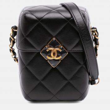 Pre Owned Chanel Black Mini Quilted Lambskin Diamond Lock Phone Holder