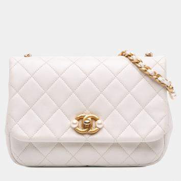 Pre Owned Chanel White Mini Glazed Calfskin Pearl Side Flap